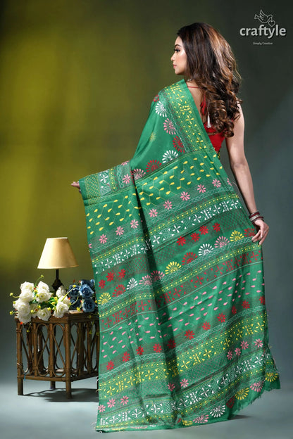 Elf green multicolor thread hand embroidery silk lambani saree green printed saree floral geometric 5