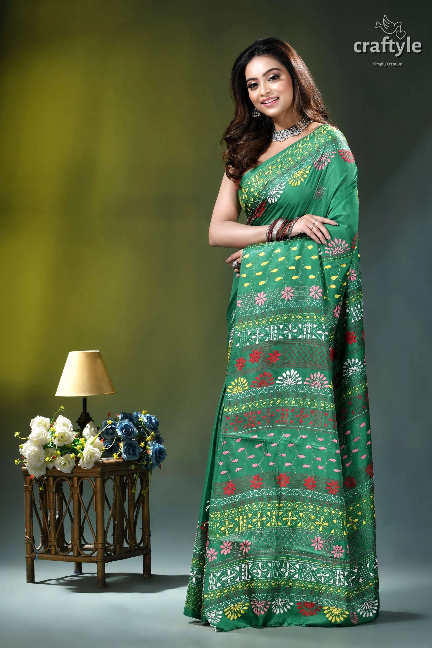 Elf green multicolor thread hand embroidery silk lambani saree green sari intricate floral geometric 3