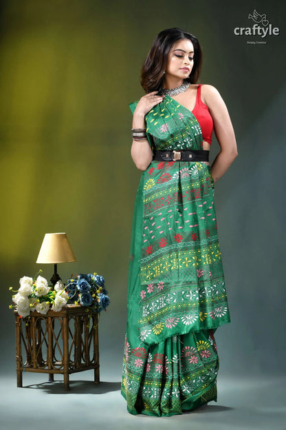 Elf green multicolor thread hand embroidery silk lambani saree green printed saree intricate floral 4