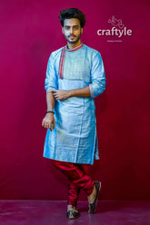 Embroidered silk kurta for men man light blue kurta red 4