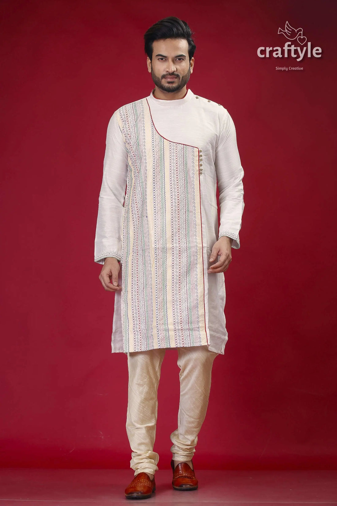 Embroidered silk kurta for men in porcelain white with multicolor design man embroidered kurta pants 1