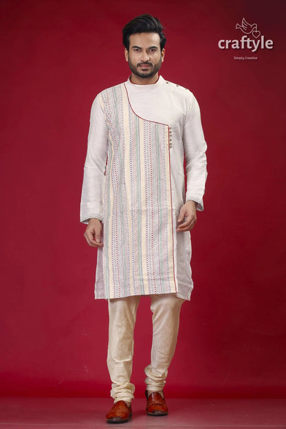Embroidered silk kurta for men in porcelain white with multicolor design man embroidered kurta pants 1