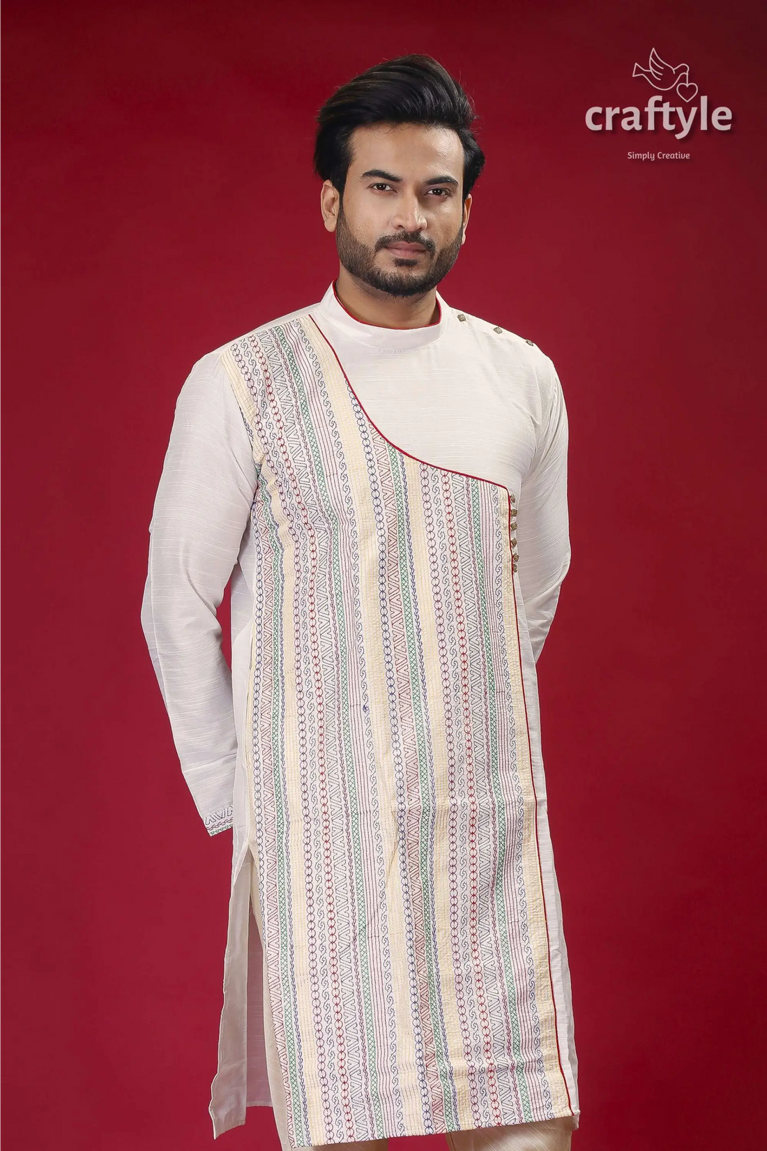 Embroidered silk kurta for men in porcelain white with multicolor design menās asymmetrical kurta 2