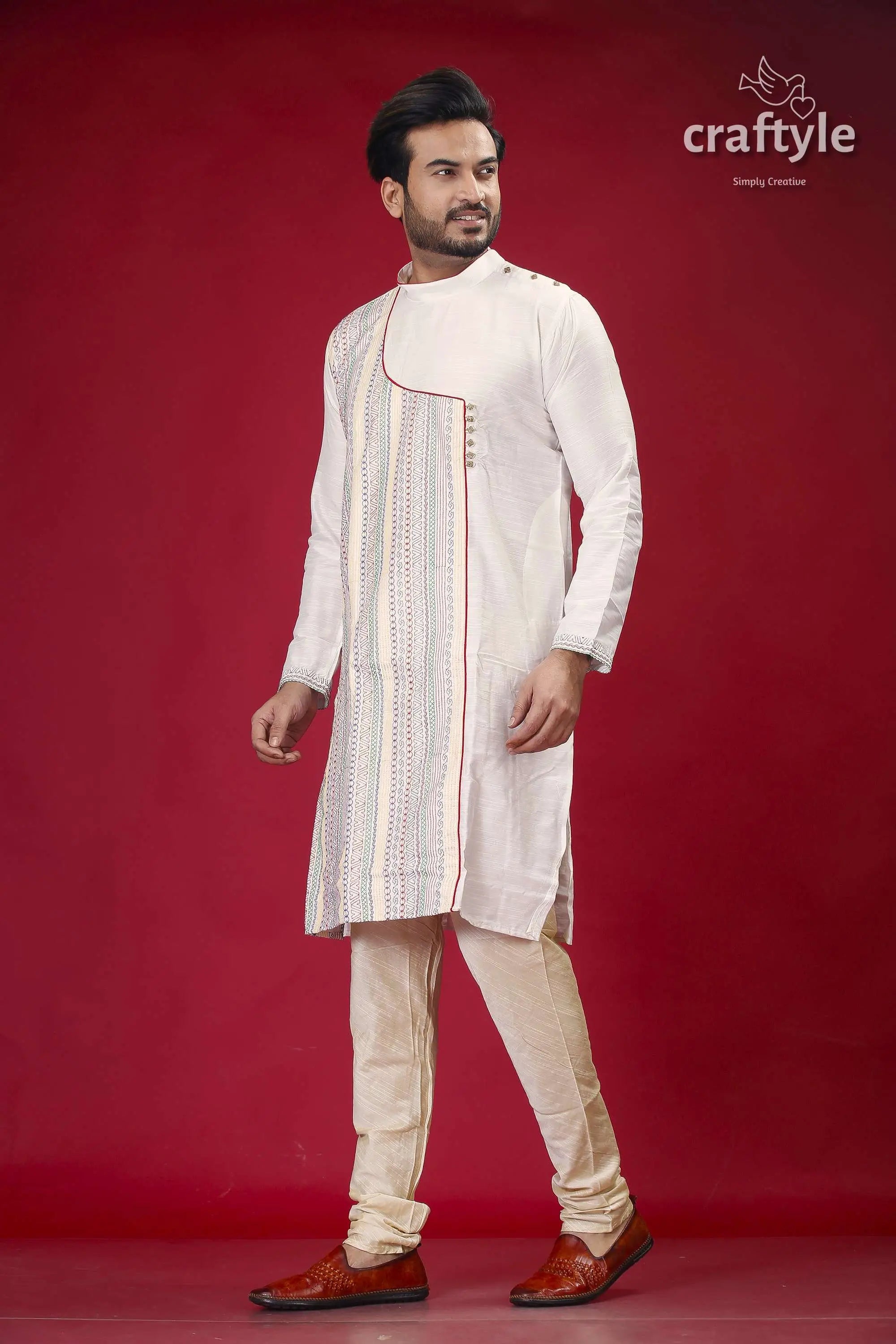 Embroidered silk kurta for men in porcelain white with multicolor design man white kurta pajama 3