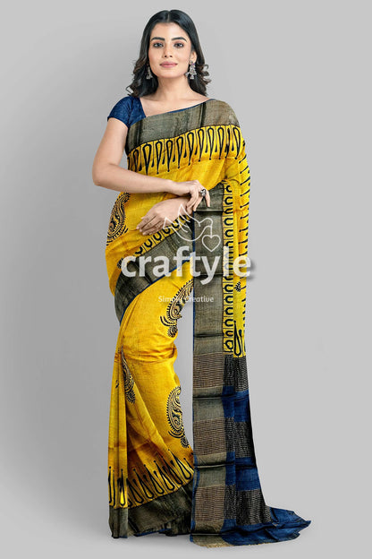 Energy Yellow Hand Block Print Zari Border Pure Tussar Saree - Craftyle