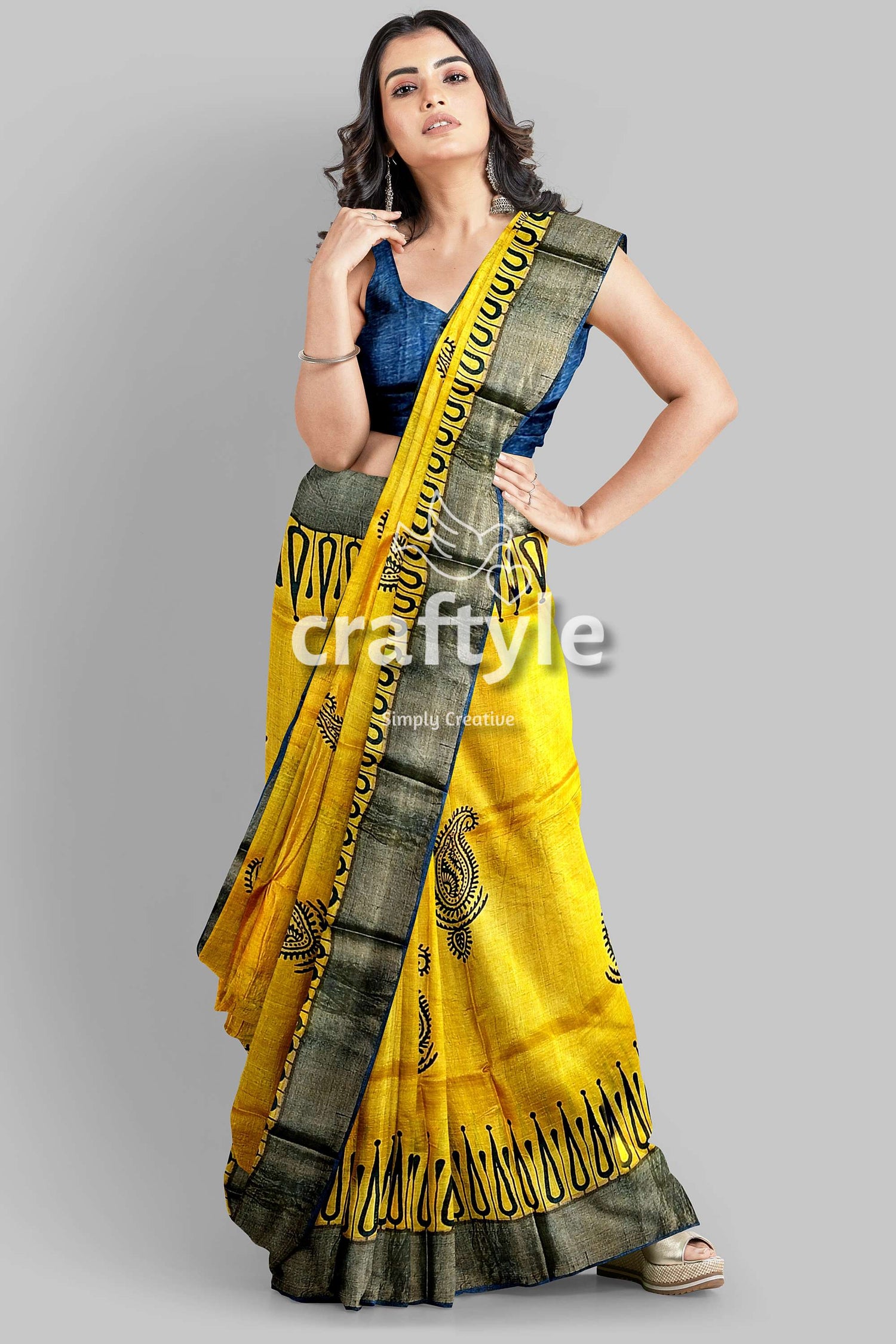 Energy Yellow Hand Block Print Zari Border Pure Tussar Saree - Craftyle