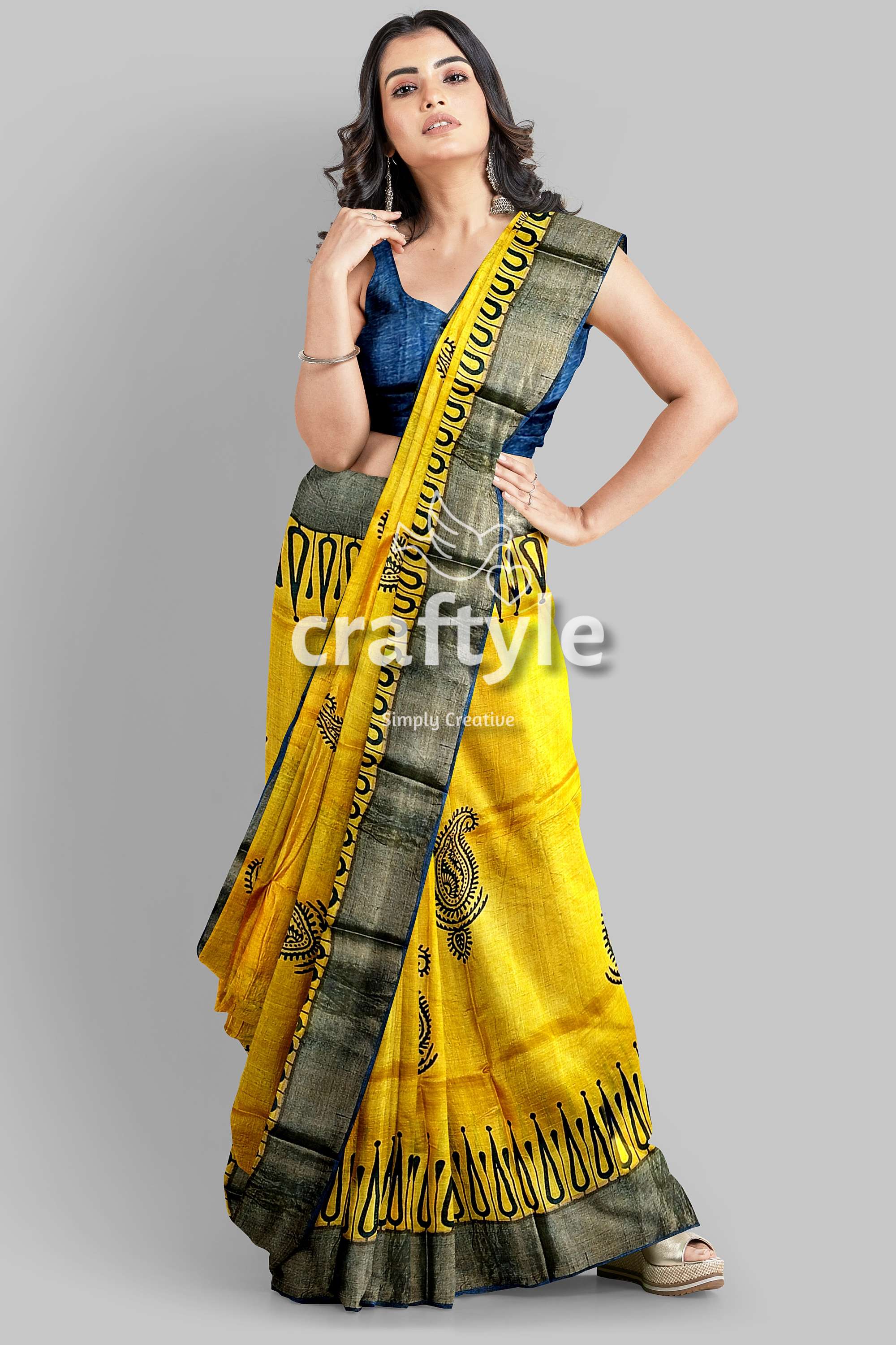 Energy Yellow Hand Block Print Zari Border Pure Tussar Saree - Craftyle