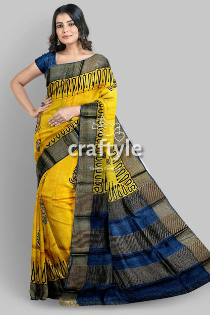 Energy Yellow Hand Block Print Zari Border Pure Tussar Saree - Craftyle