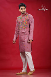 English lavender multithread kantha cotton panjabi for men mauve-colored men’s kurta intricate multicolored 3