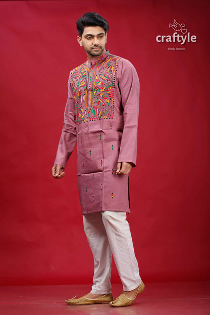 English lavender multithread kantha cotton panjabi for men mauve-colored men’s kurta intricate multicolored 3