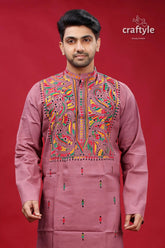 English lavender multithread kantha cotton panjabi for men mauve-colored traditional kurta intricate colorful 2