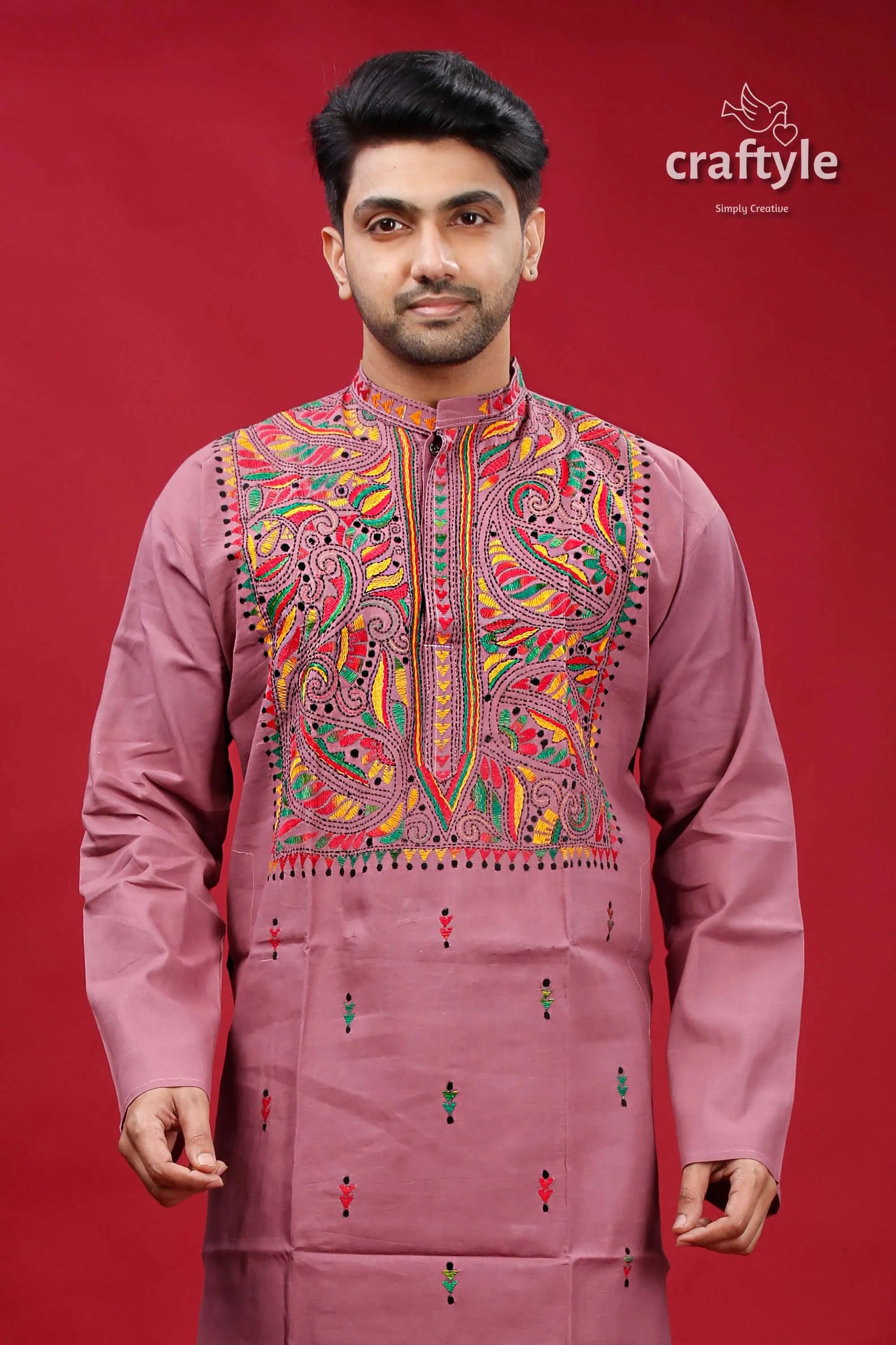 English lavender multithread kantha cotton panjabi for men mauve-colored traditional kurta intricate colorful 2
