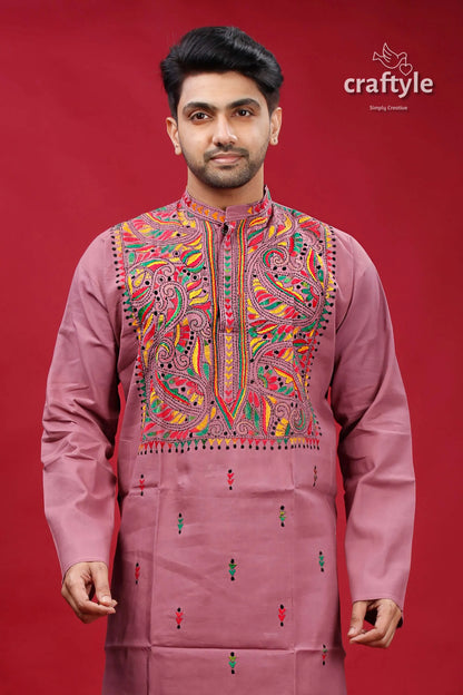 English lavender multithread kantha cotton panjabi for men mauve-colored traditional kurta intricate colorful 2