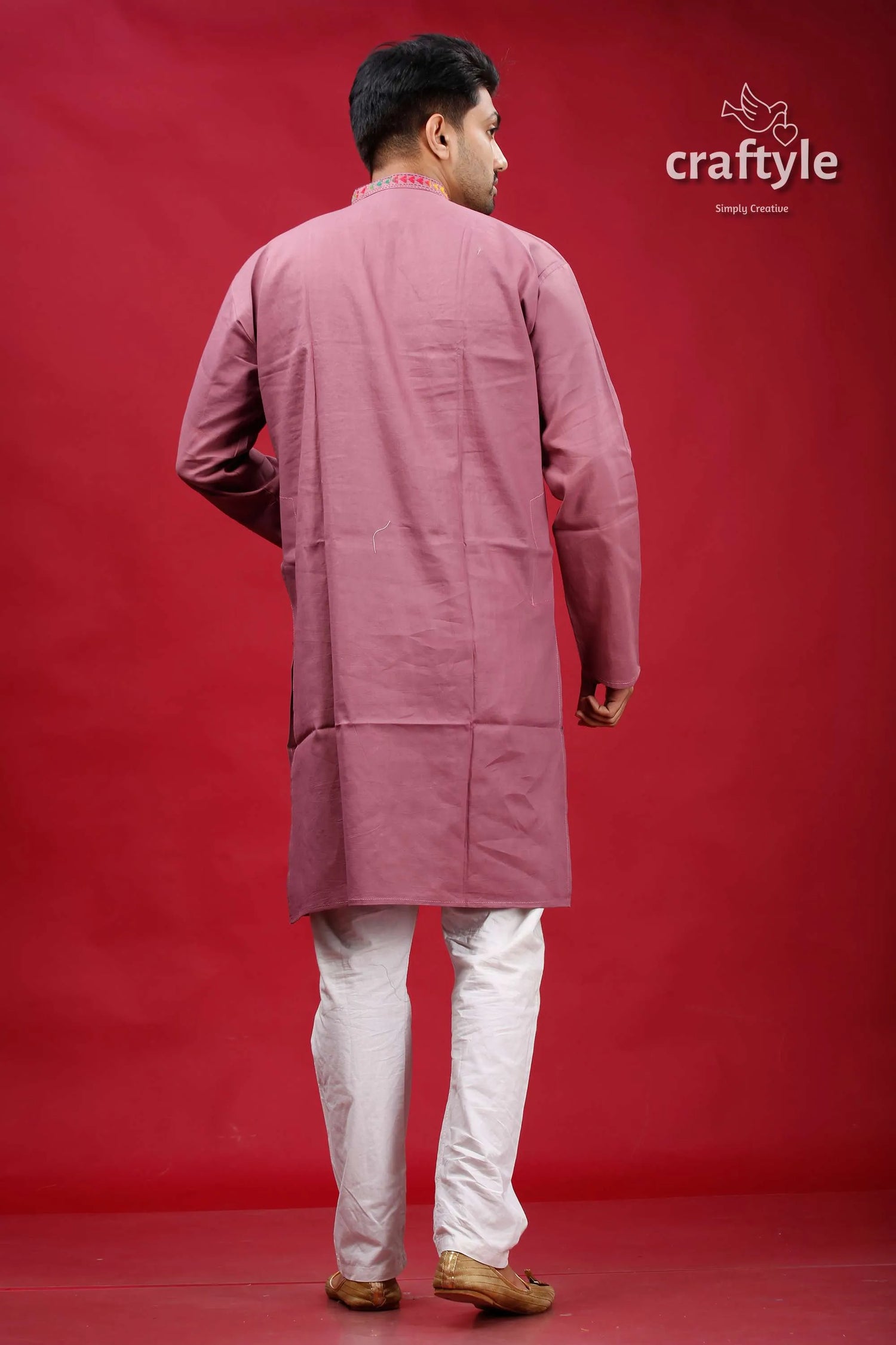 English lavender multithread kantha cotton panjabi for men mauve-colored long-sleeved traditional kurta simple 5