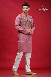 English lavender multithread kantha cotton panjabi for men mauve-colored kurta intricate multicolored embroidery 4