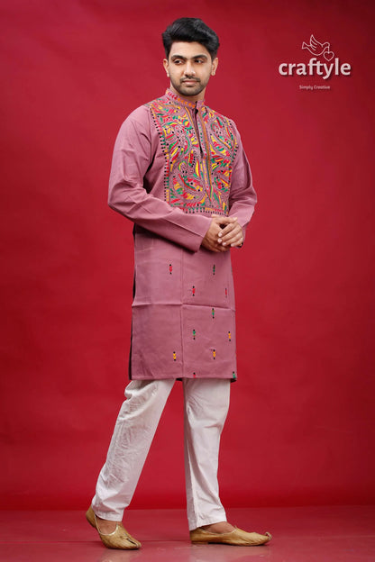 English lavender multithread kantha cotton panjabi for men mauve-colored kurta intricate multicolored embroidery 4