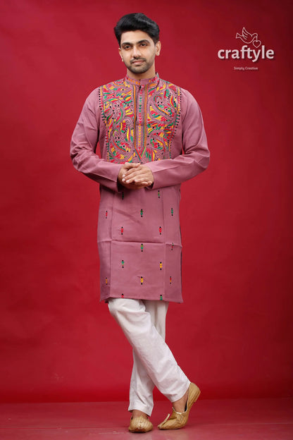 English lavender multithread kantha cotton panjabi for men mauve-colored embroidered kurta intricate multicolored 1