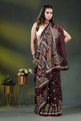 Ethnic border wine multi-thread gujarati stitch saree handcrafted in silk 4