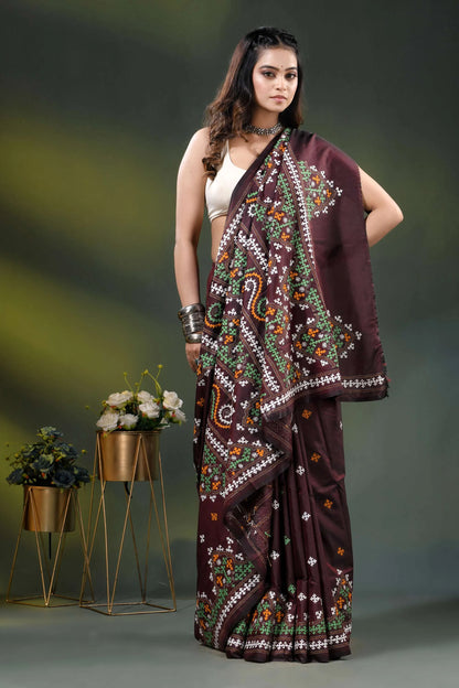 Ethnic border wine multi-thread gujarati stitch saree handcrafted in silk 4