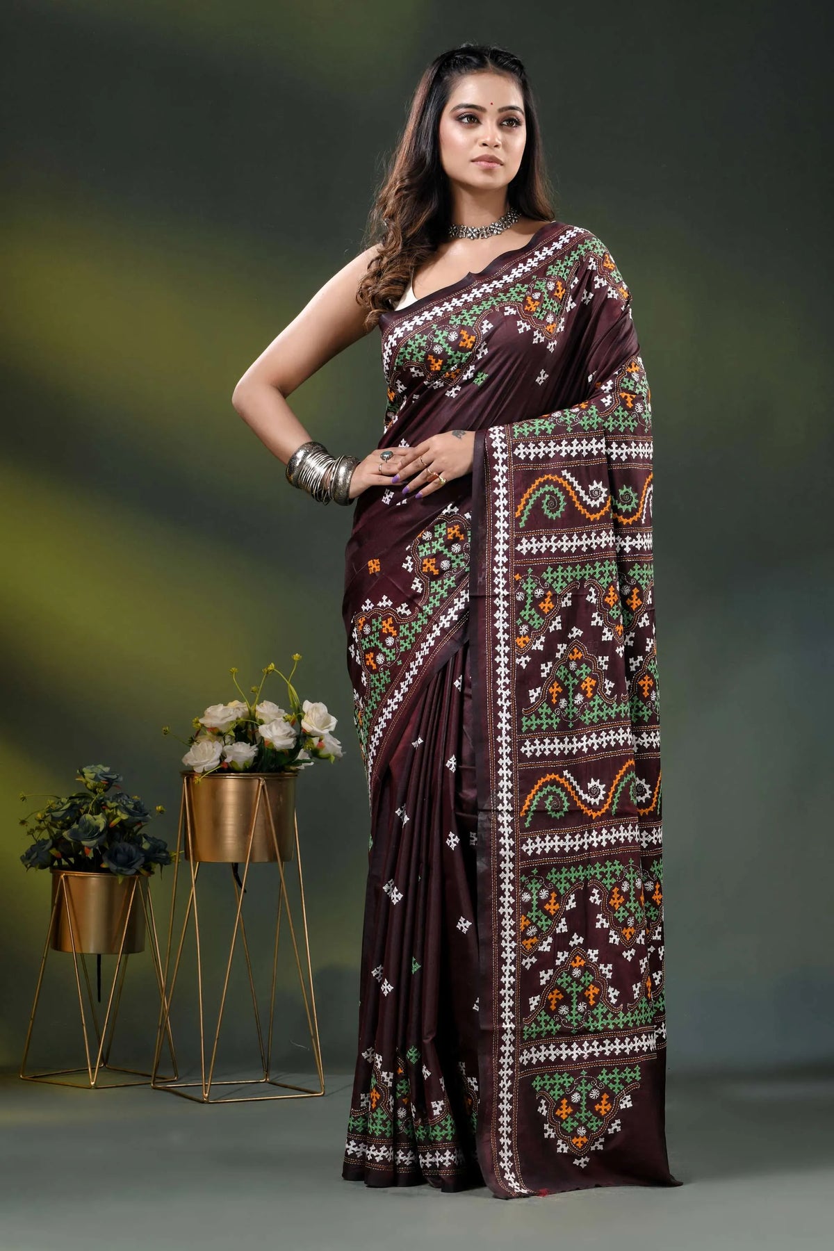 Ethnic border wine multi-thread gujarati stitch saree handcrafted in silk 6