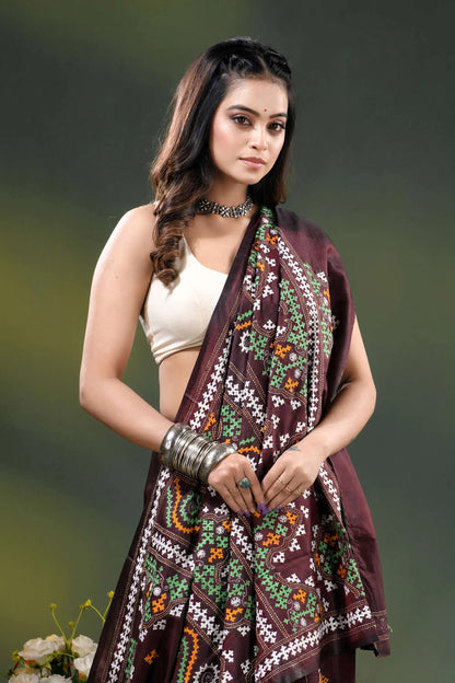 Ethnic border wine multi-thread gujarati stitch saree handcrafted in silk 2