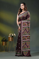 Ethnic border wine multi-thread gujarati stitch saree handcrafted in silk 3