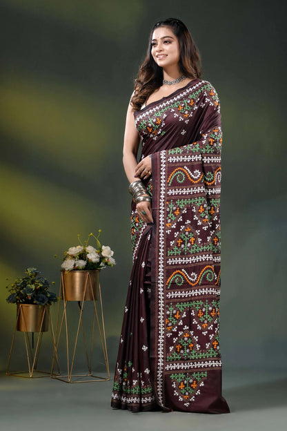 Ethnic border wine multi-thread gujarati stitch saree handcrafted in silk 3
