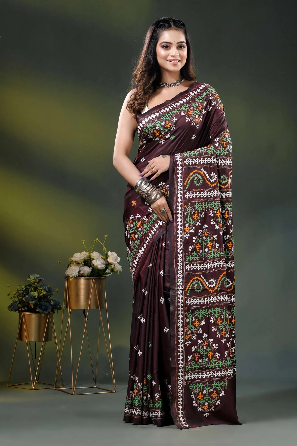 Ethnic border wine multi-thread gujarati stitch saree handcrafted in silk 1