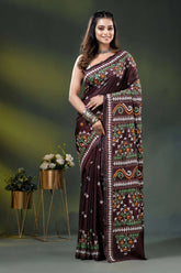 Ethnic border wine multi-thread gujarati stitch saree handcrafted in silk 1
