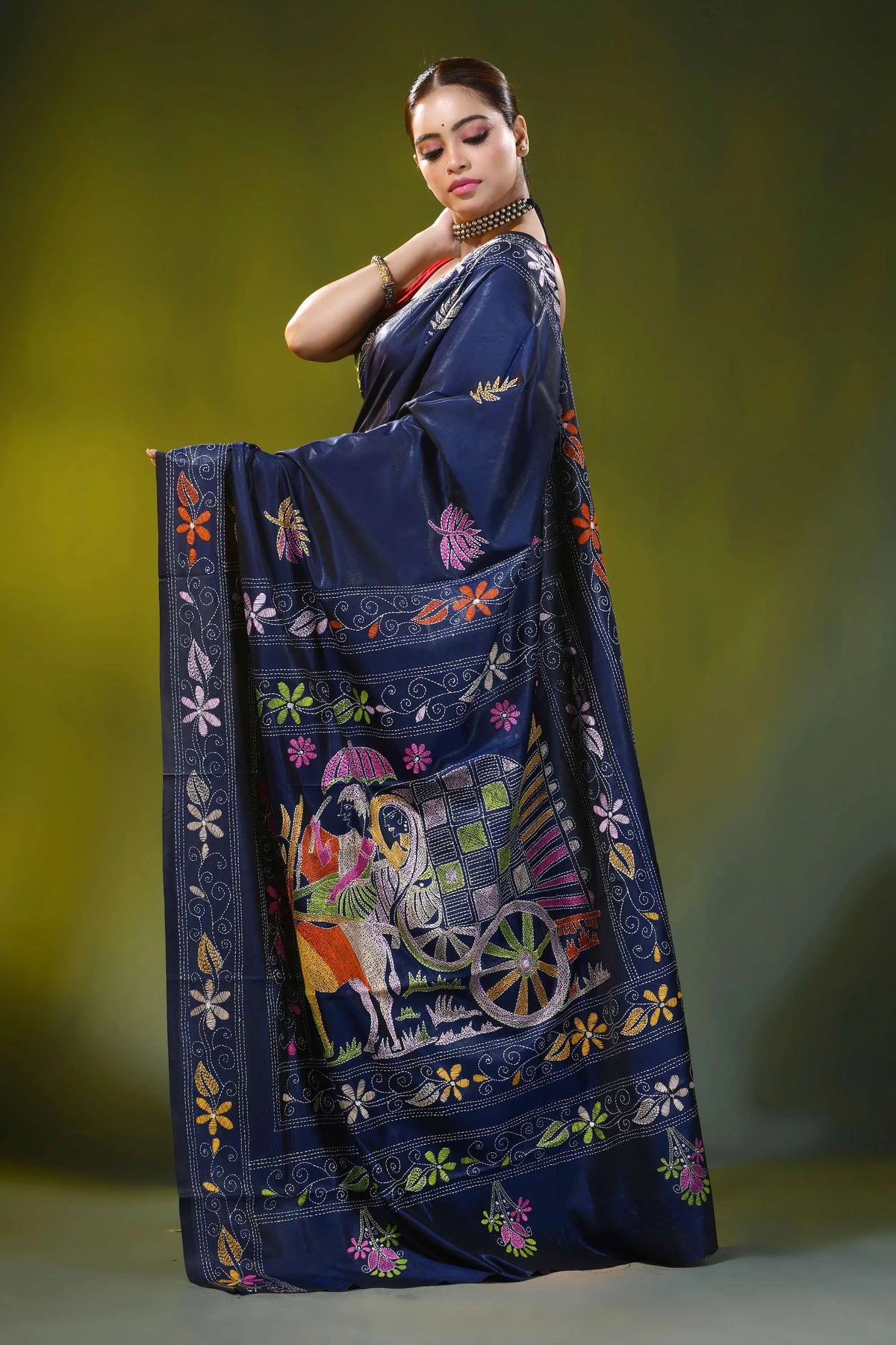 Ethnic cart motif ink blue handcrafted kantha work silk saree 3