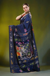 Ethnic cart motif ink blue handcrafted kantha work silk saree 3
