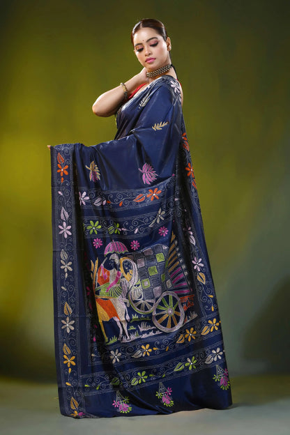 Ethnic cart motif ink blue handcrafted kantha work silk saree 3