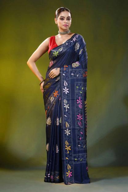 Ethnic cart motif ink blue handcrafted kantha work silk saree 6