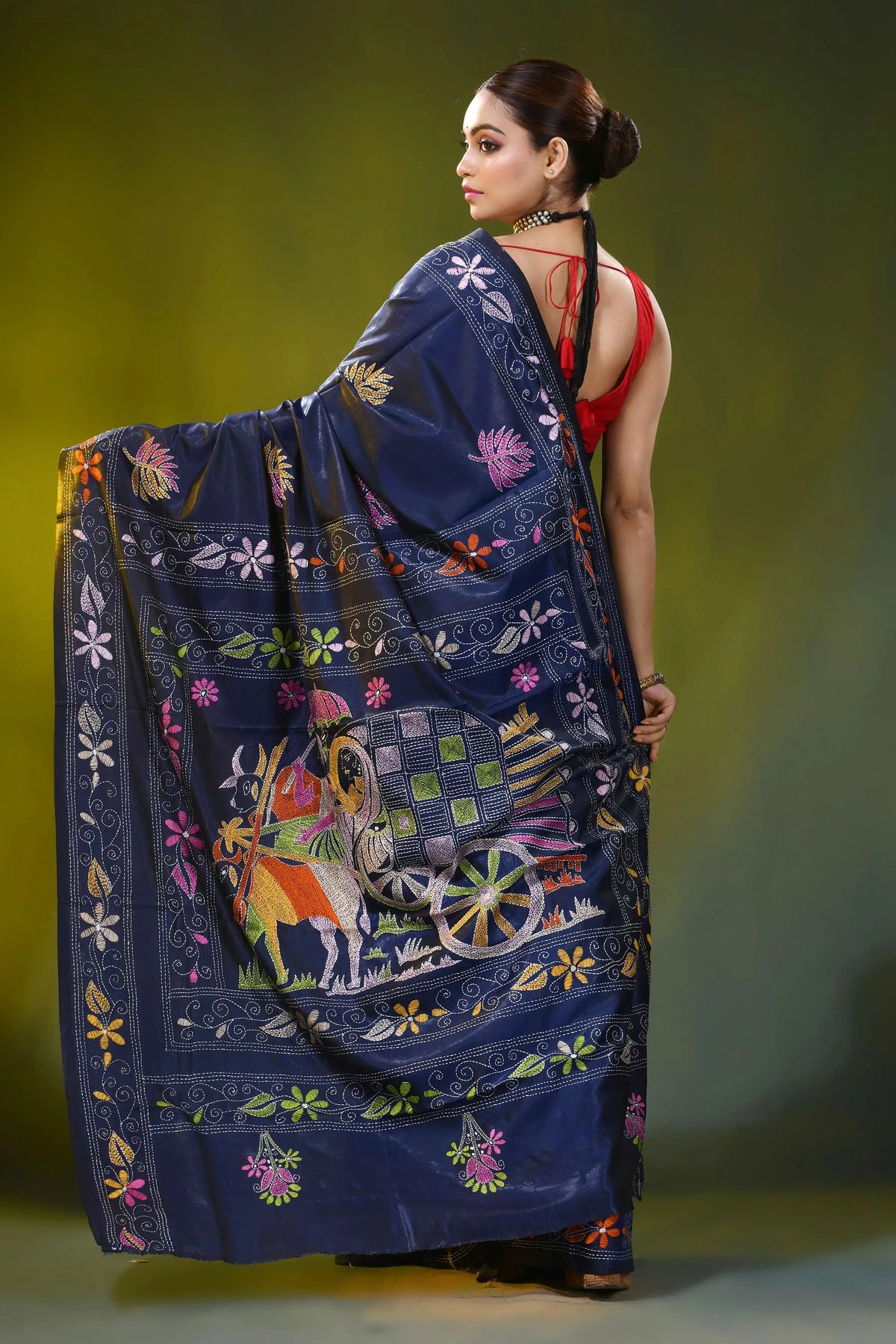 Ethnic cart motif ink blue handcrafted kantha work silk saree 4