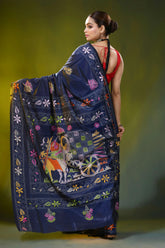 Ethnic cart motif ink blue handcrafted kantha work silk saree 4