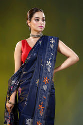 Ethnic cart motif ink blue handcrafted kantha work silk saree 2