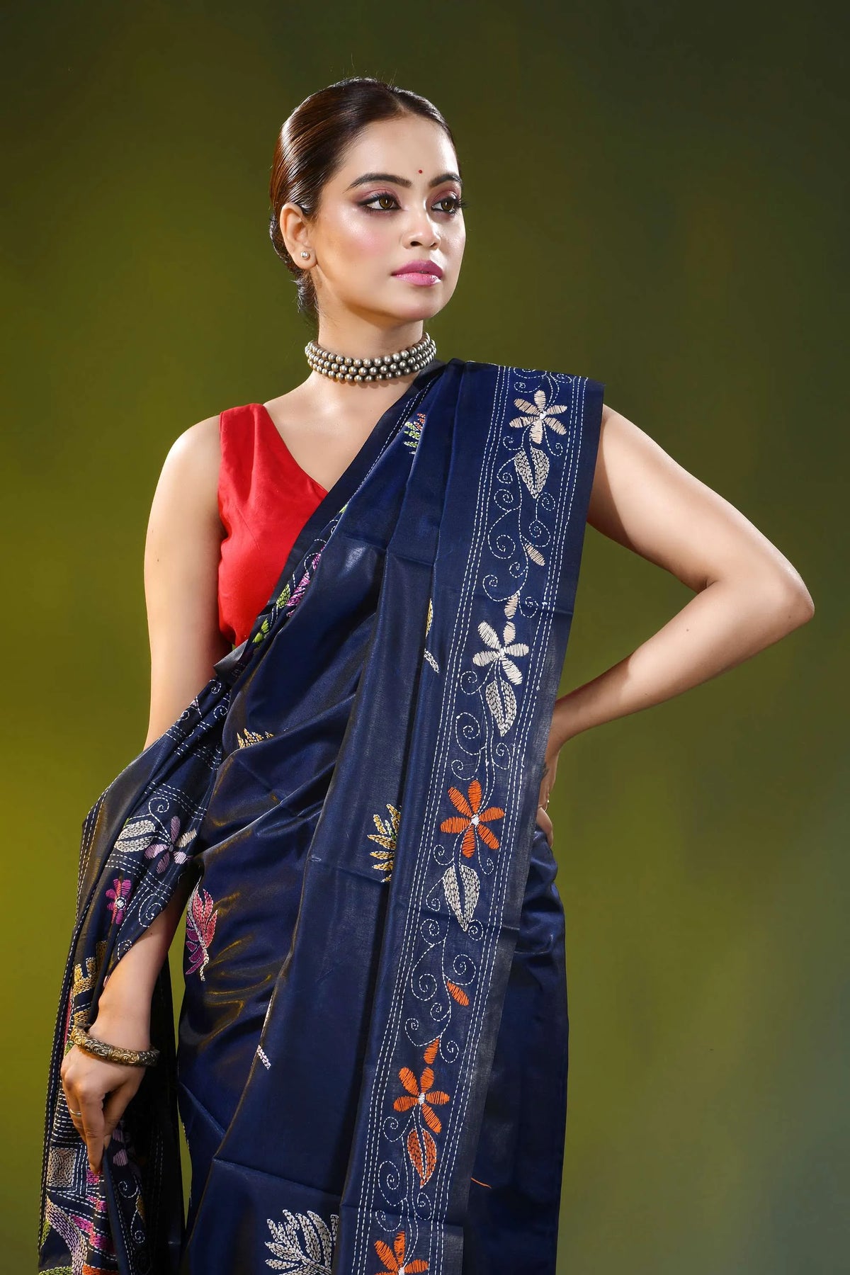 Ethnic cart motif ink blue handcrafted kantha work silk saree 2