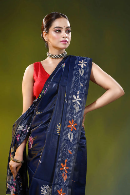 Ethnic cart motif ink blue handcrafted kantha work silk saree 2