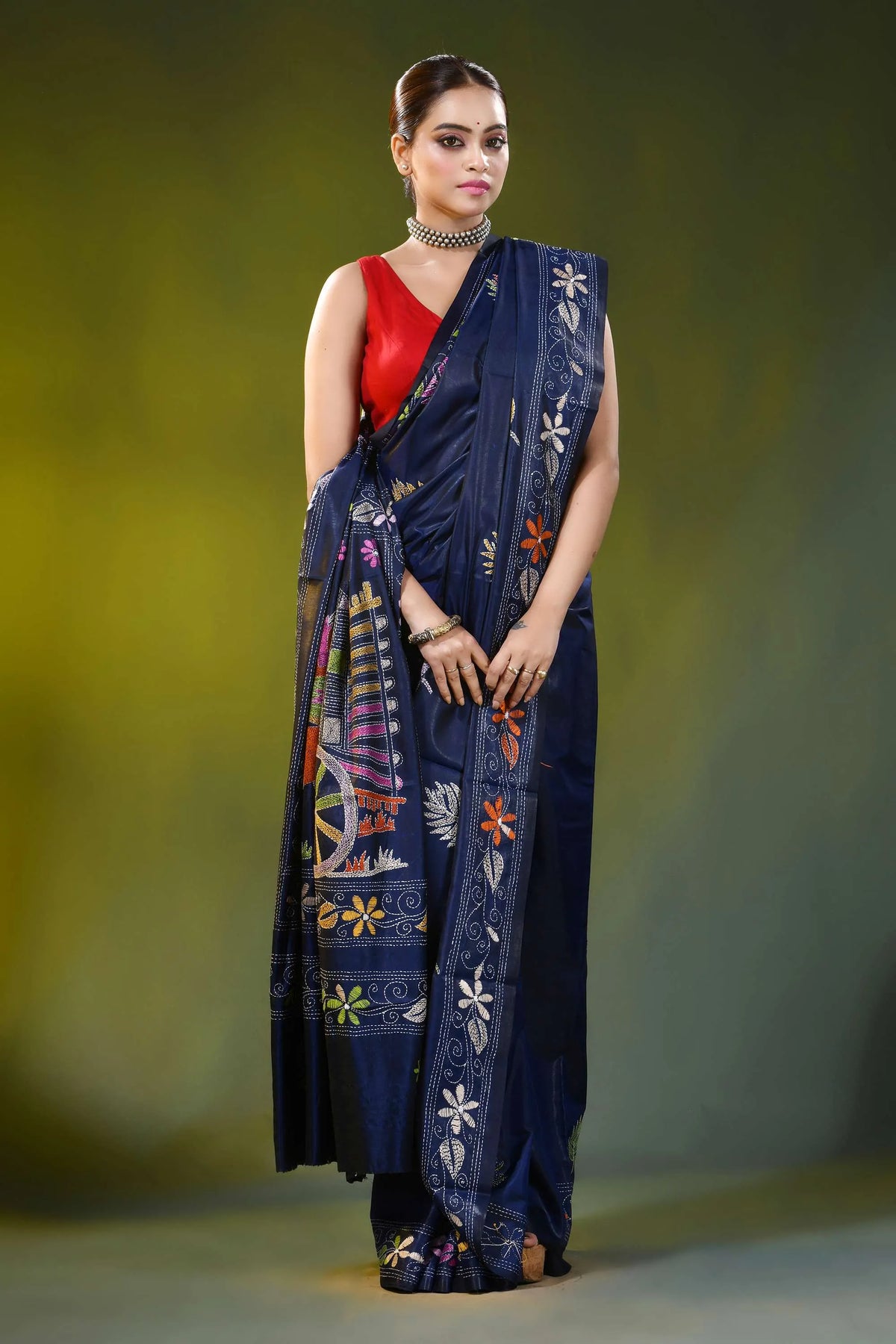 Ethnic cart motif ink blue handcrafted kantha work silk saree 5