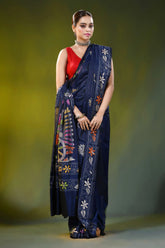 Ethnic cart motif ink blue handcrafted kantha work silk saree 5