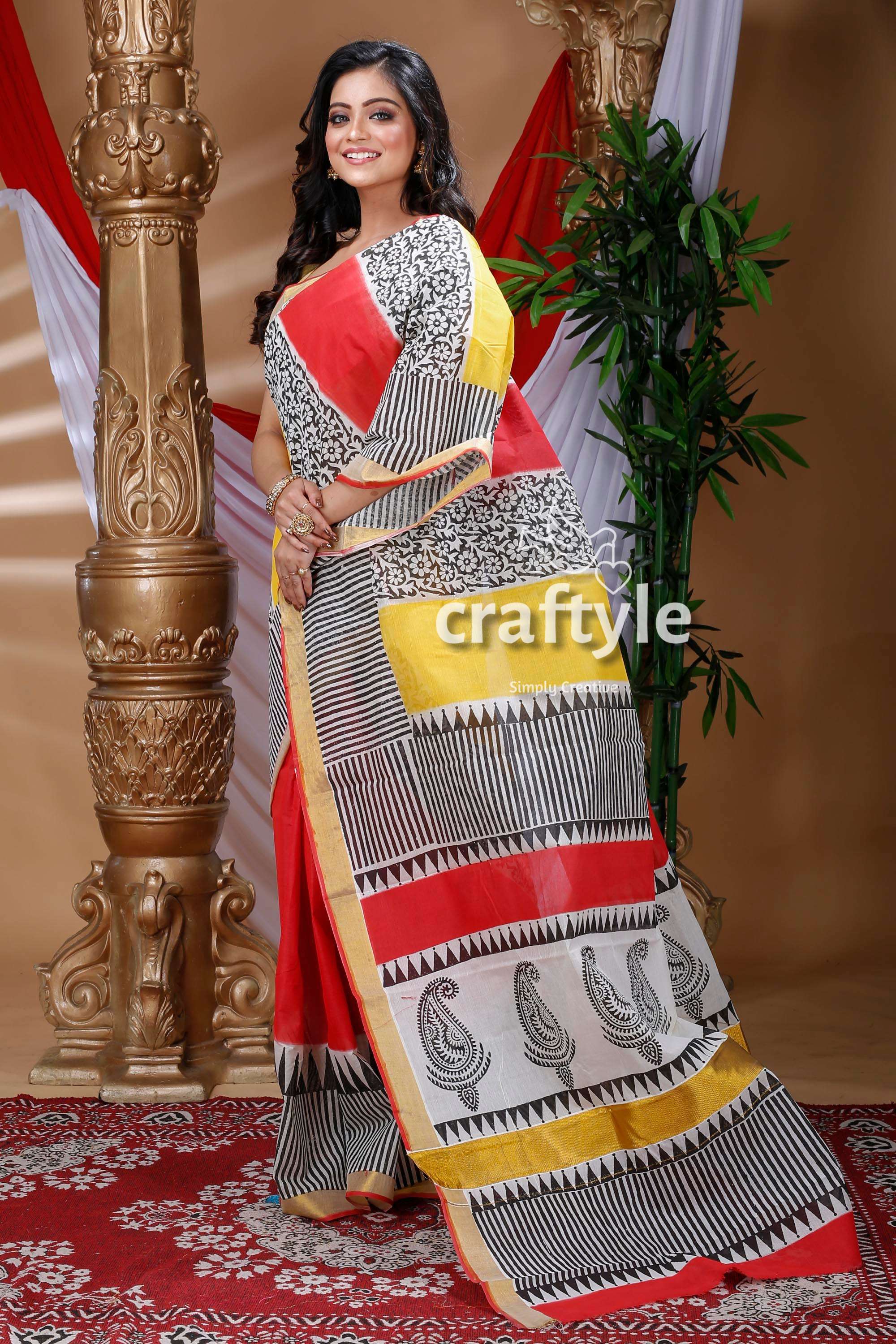Ethnic Design Multicolor Hand Block Kerala Cotton Saree-Craftyle