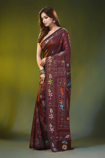 Ethnic fish motif cocoa bean handcrafted kantha work silk saree 3