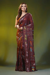 Ethnic fish motif cocoa bean handcrafted kantha work silk saree 6