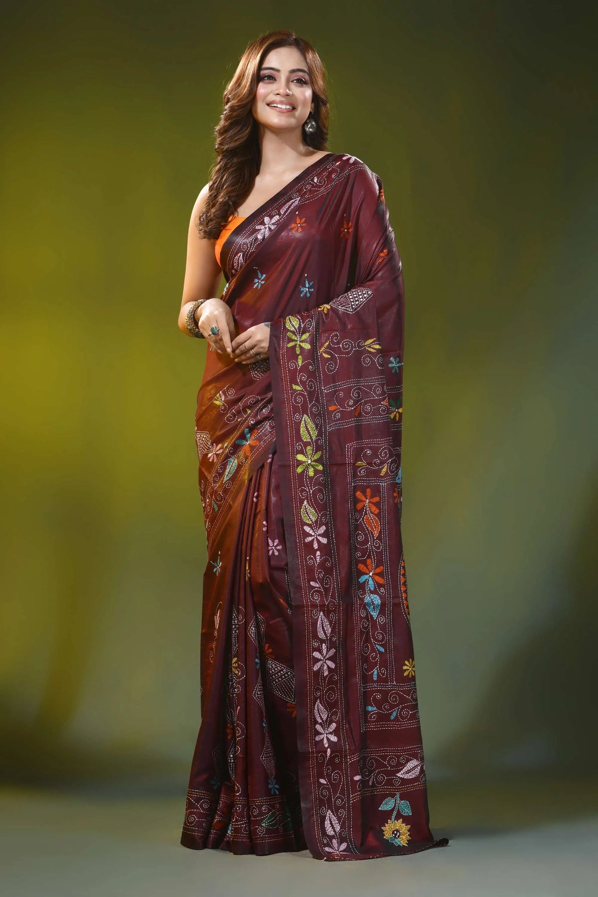 Ethnic fish motif cocoa bean handcrafted kantha work silk saree 6