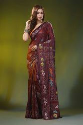 Ethnic fish motif cocoa bean handcrafted kantha work silk saree 1