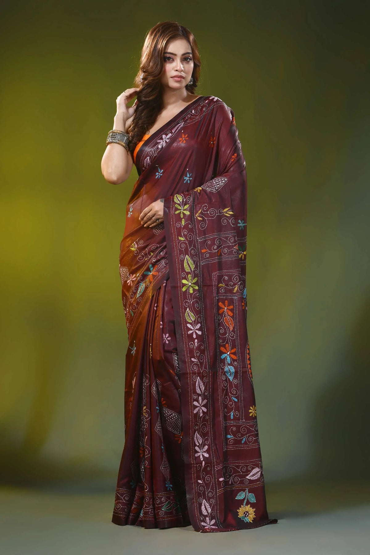 Ethnic fish motif cocoa bean handcrafted kantha work silk saree 1