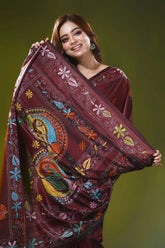 Ethnic fish motif cocoa bean handcrafted kantha work silk saree 2