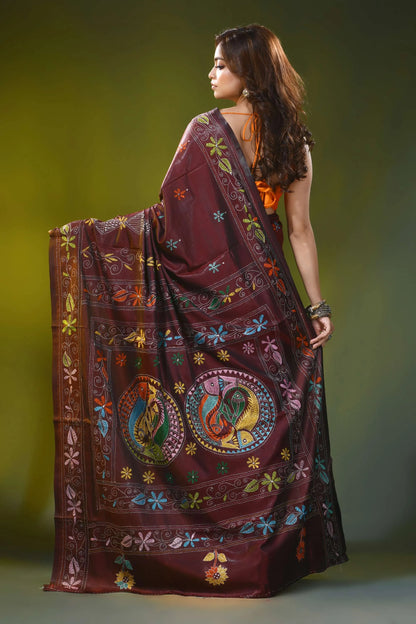 Ethnic fish motif cocoa bean handcrafted kantha work silk saree 5