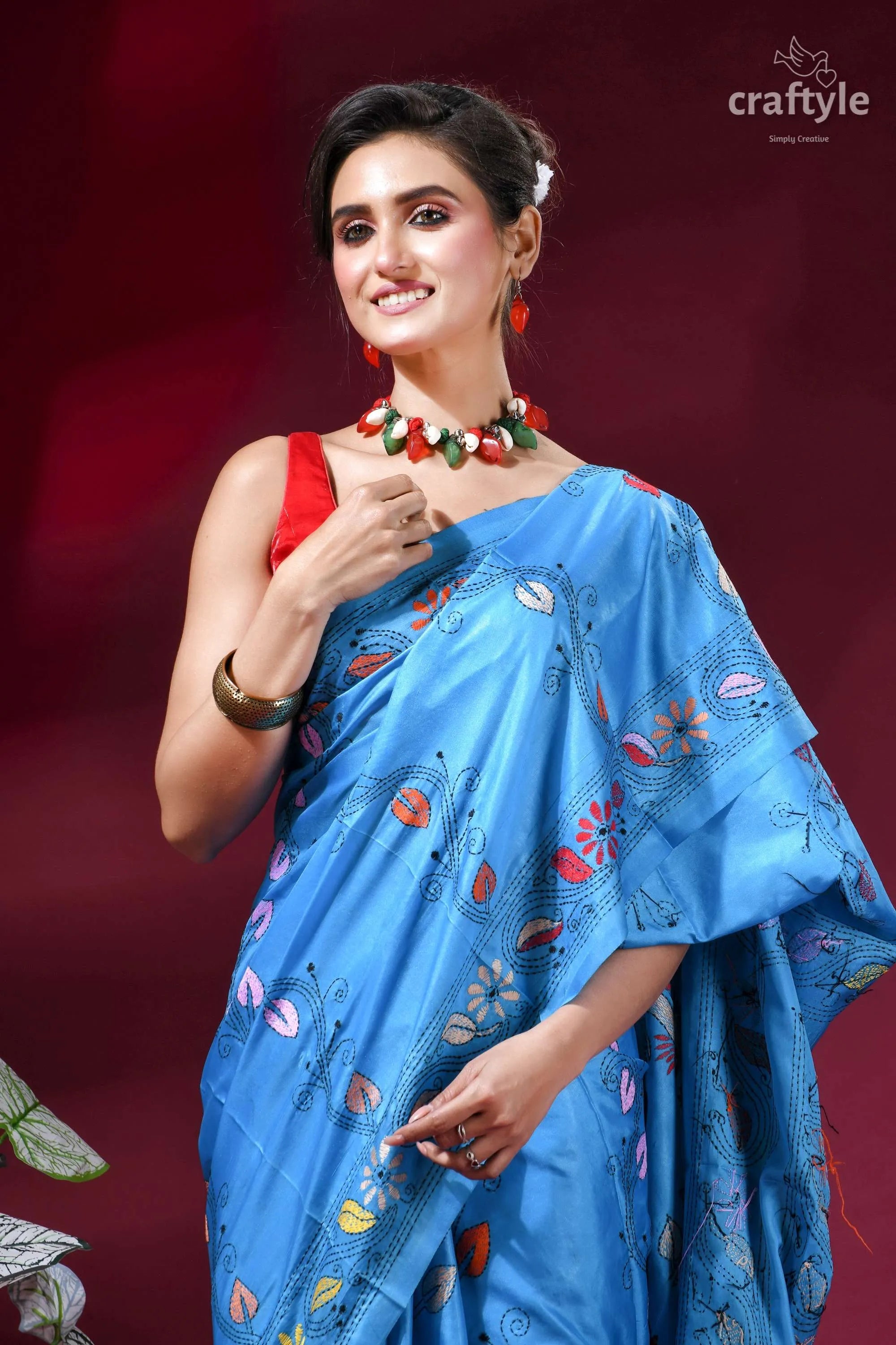 Ethnic folk theme silk kantha saree in picton blue vibrant blue saree intricate floral 2