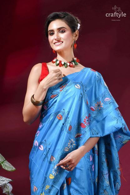Ethnic folk theme silk kantha saree in picton blue vibrant blue saree intricate floral 2